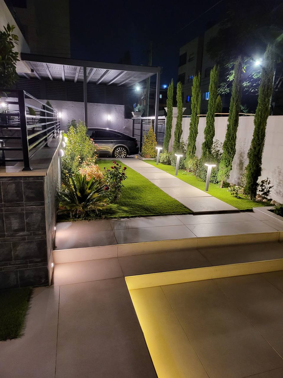 Landscaped garden — ambient night lighting after renovation